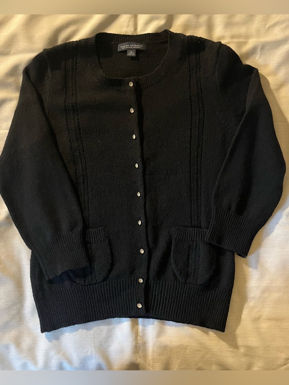 Banana Republic Black Button-Front Cardigan Sweater Merino Rhinestone Buttons